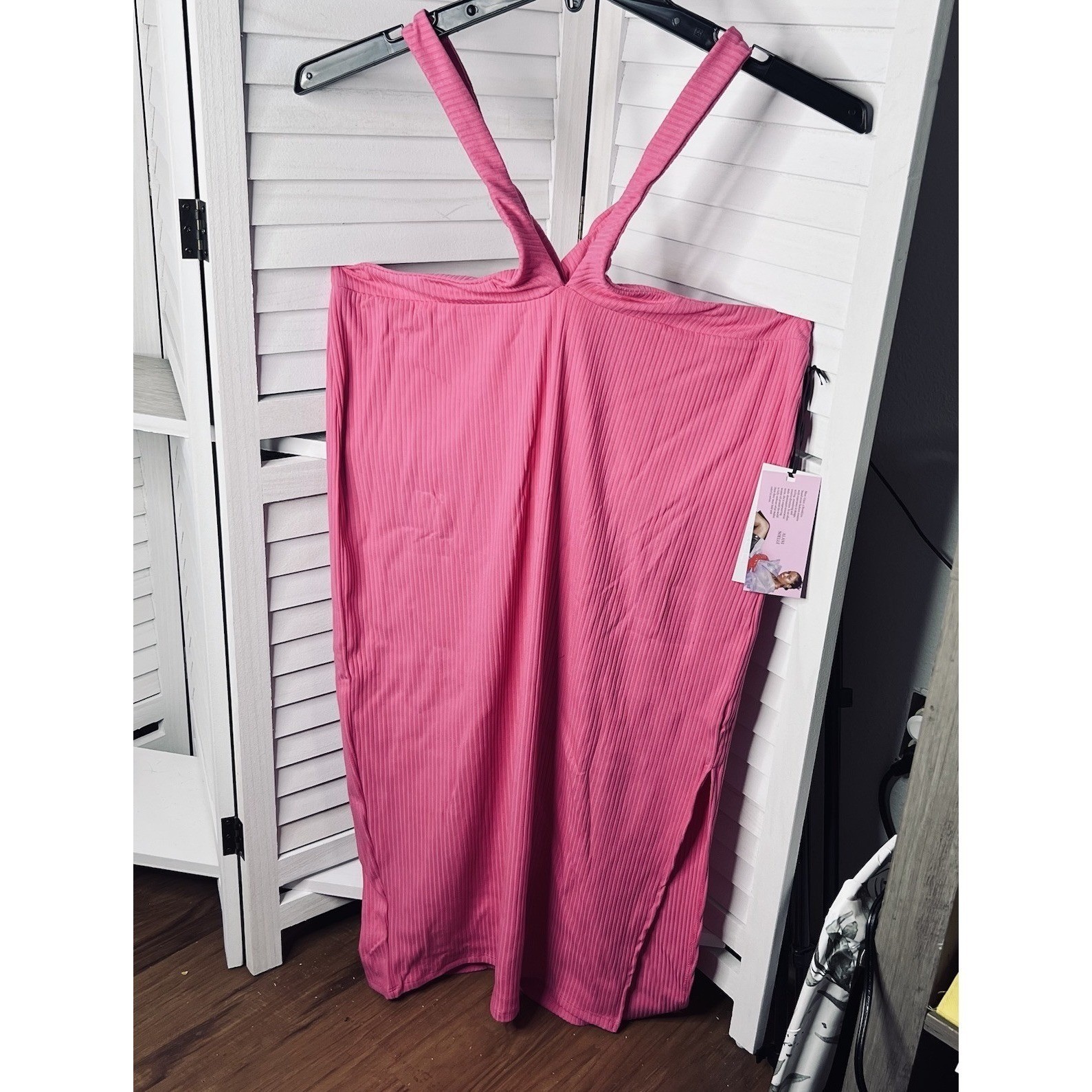 Future Collective Ribbed Halter Midi Dress Pink Size Large NWT Bodycon