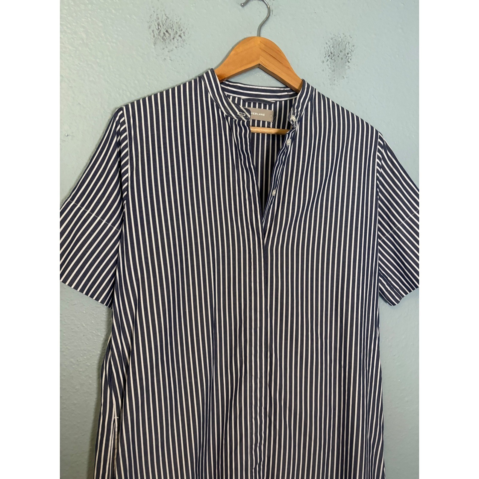 Everlane Womens Navy White Striped Band Collar Short Sleeve Mini Shirt Dress 6