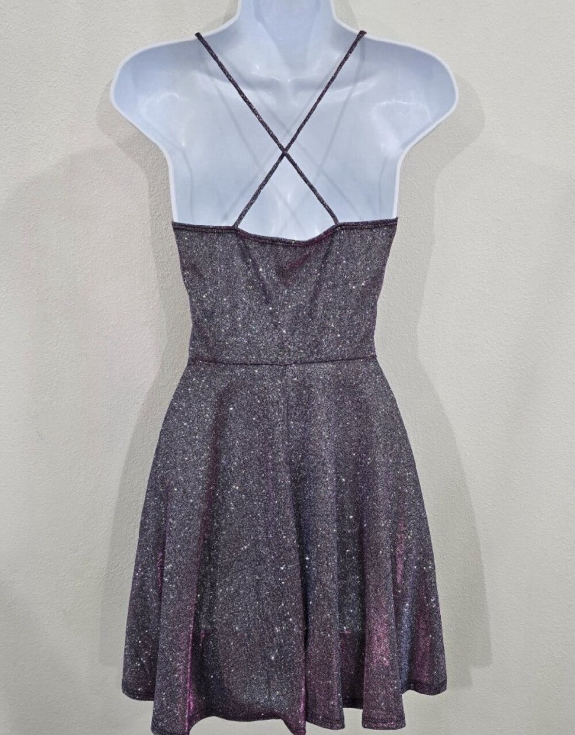 Windsor ✦ Glitter Mini Dress ✦ Purple Criss-Cross Stray Backs Pockets Size S NWT