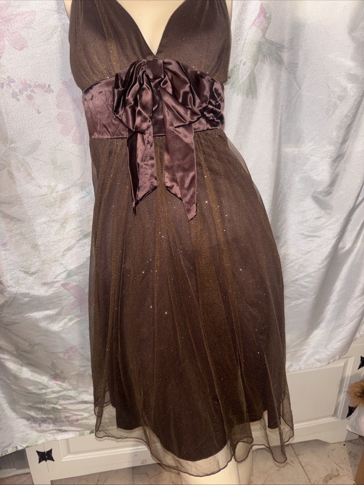 SPEECHLESS,brown tulle,tiny silver dots,satin bow,z5,S,pleats,shirred,New,UNIQUE