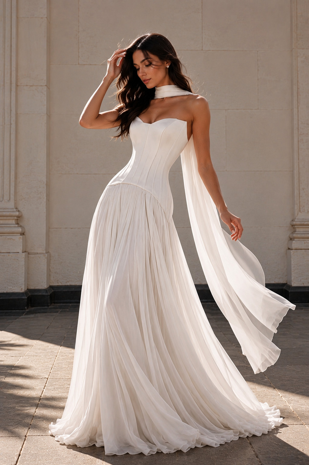 Women’s White Strapless Corset Chiffon Wedding Dress Bridal Maxi Gown