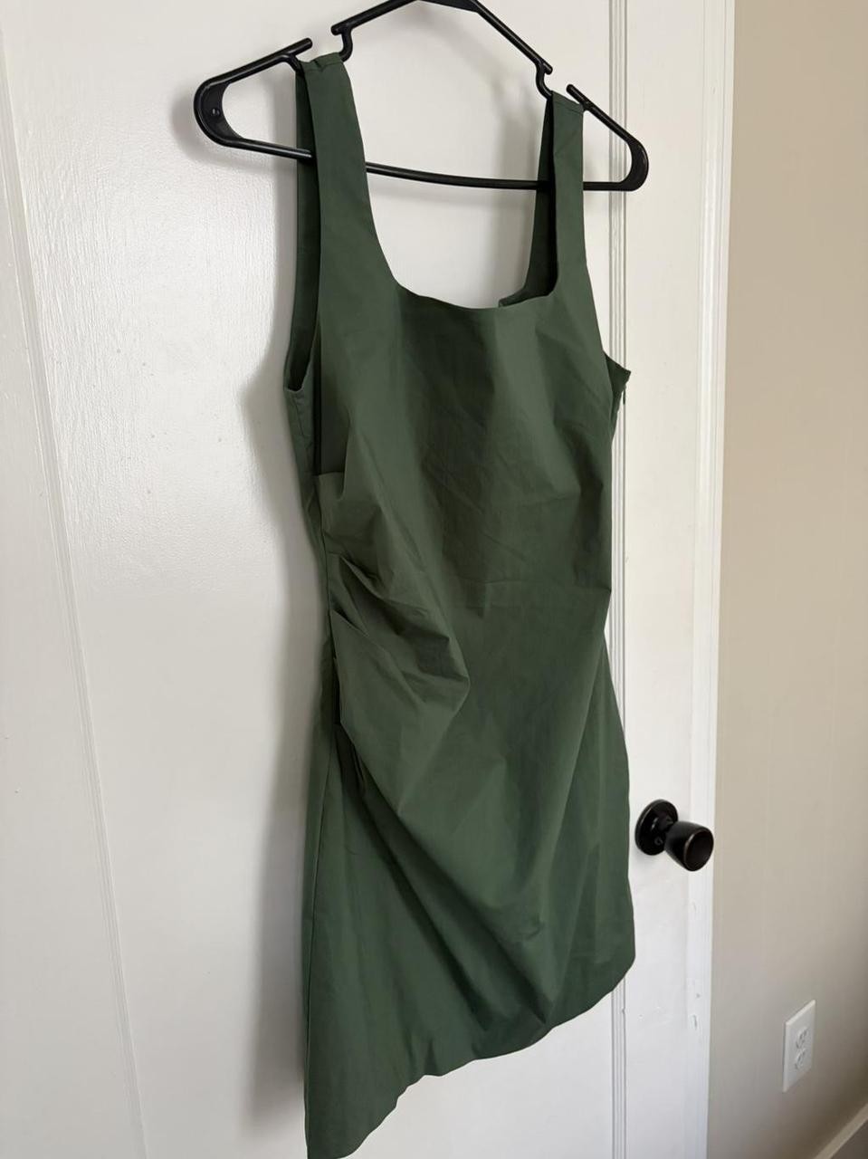 LOFT Olive Green Pleated Stretch Poplin Square Neck Ruched Mini Dress, size 6P