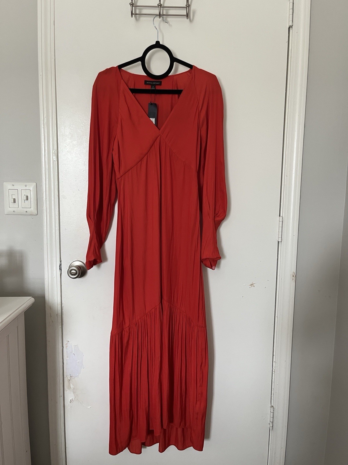 Banana Republic Red Solid V-Neck Pleated Bishop Long Sleeve Maxi Dress 6
