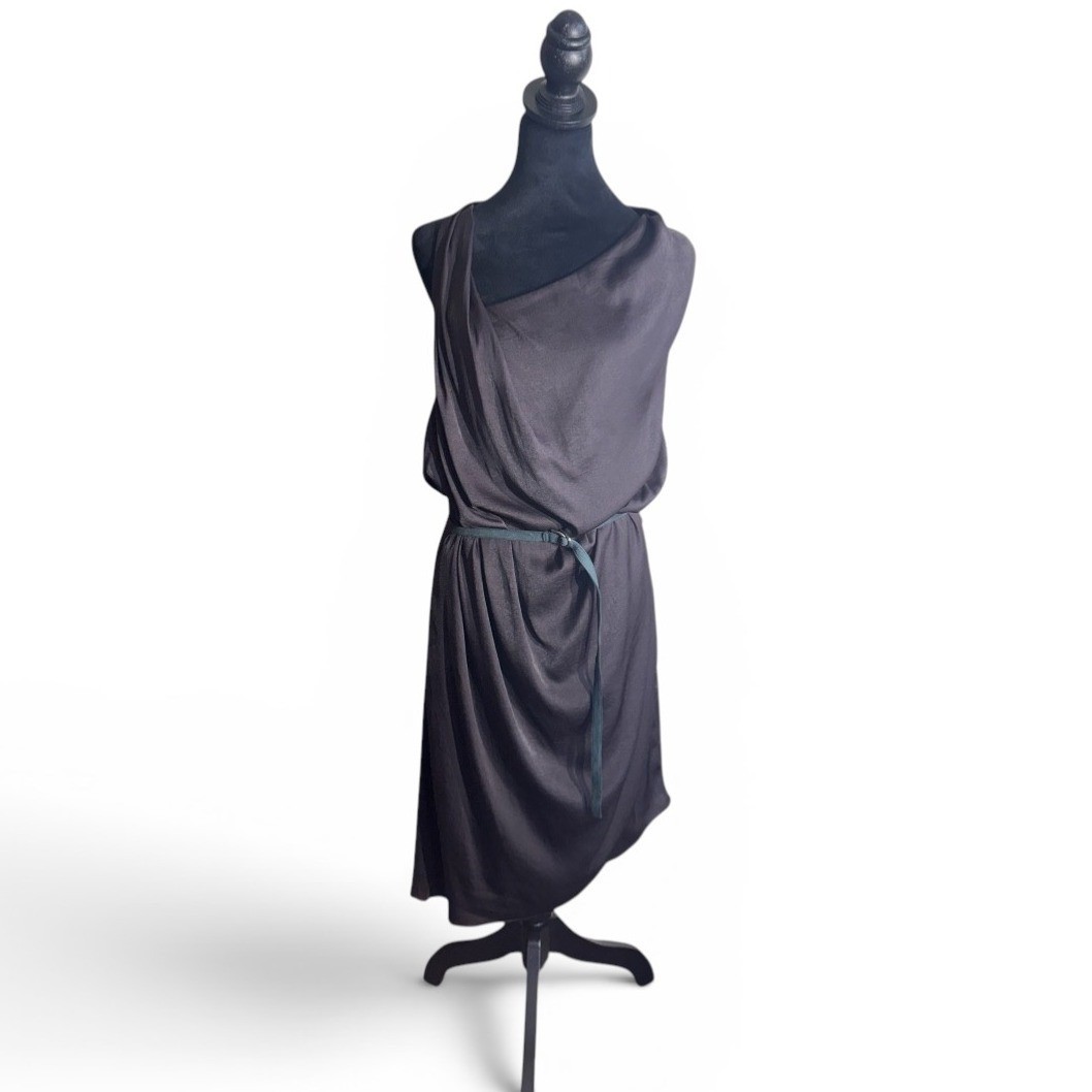 Helmut Lang Draped Cocktail Dress Womens 8 Grey Excellent Asymmetrical Belted