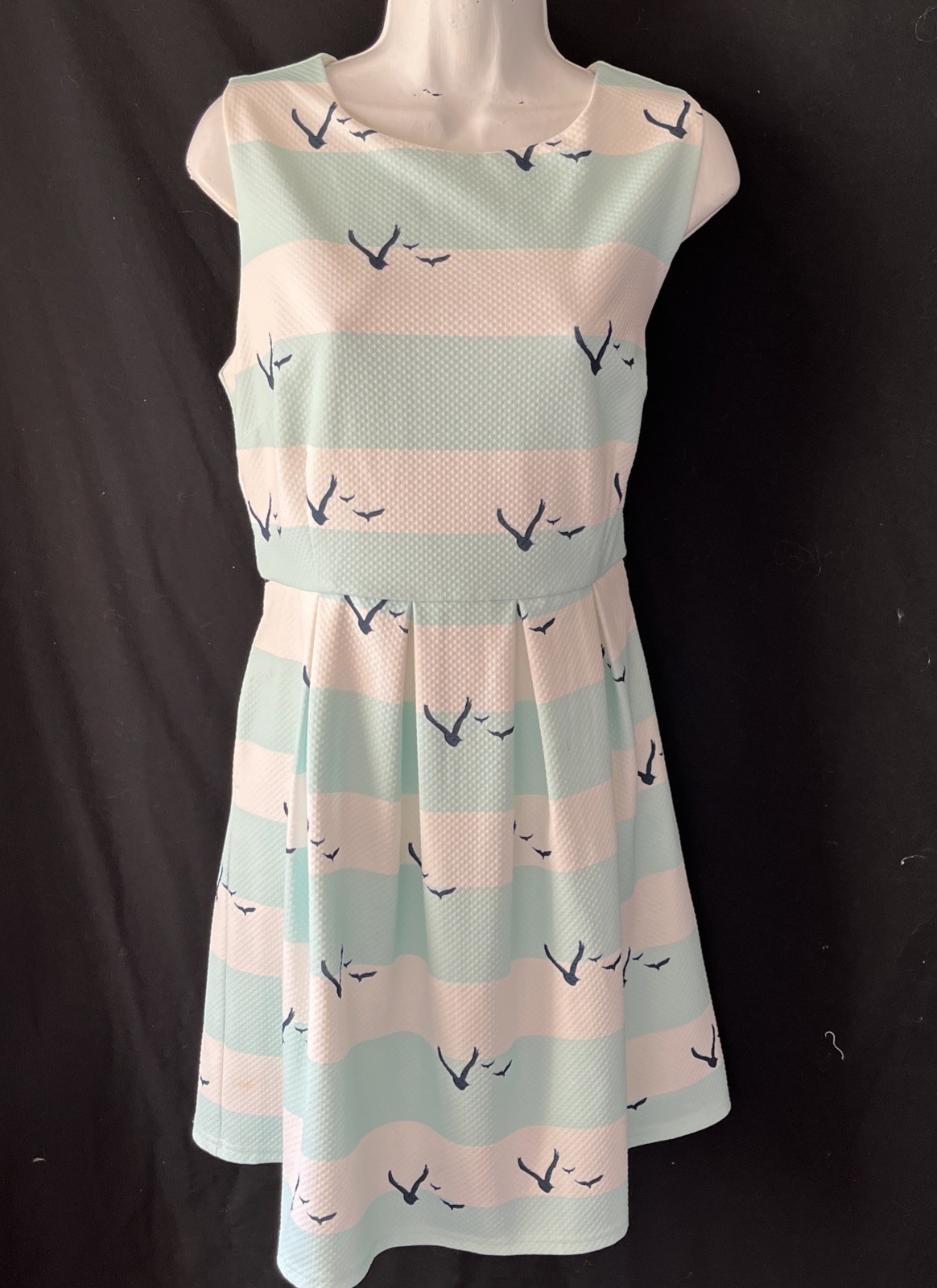 Pink Martini Womens Seagulls Birds Striped Sleeveless Dress Aqua & White Size L
