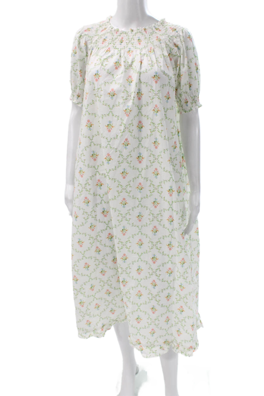Hill House Womens Chemise Gown Long Boat Neck Floral White Short Sleeve Size S