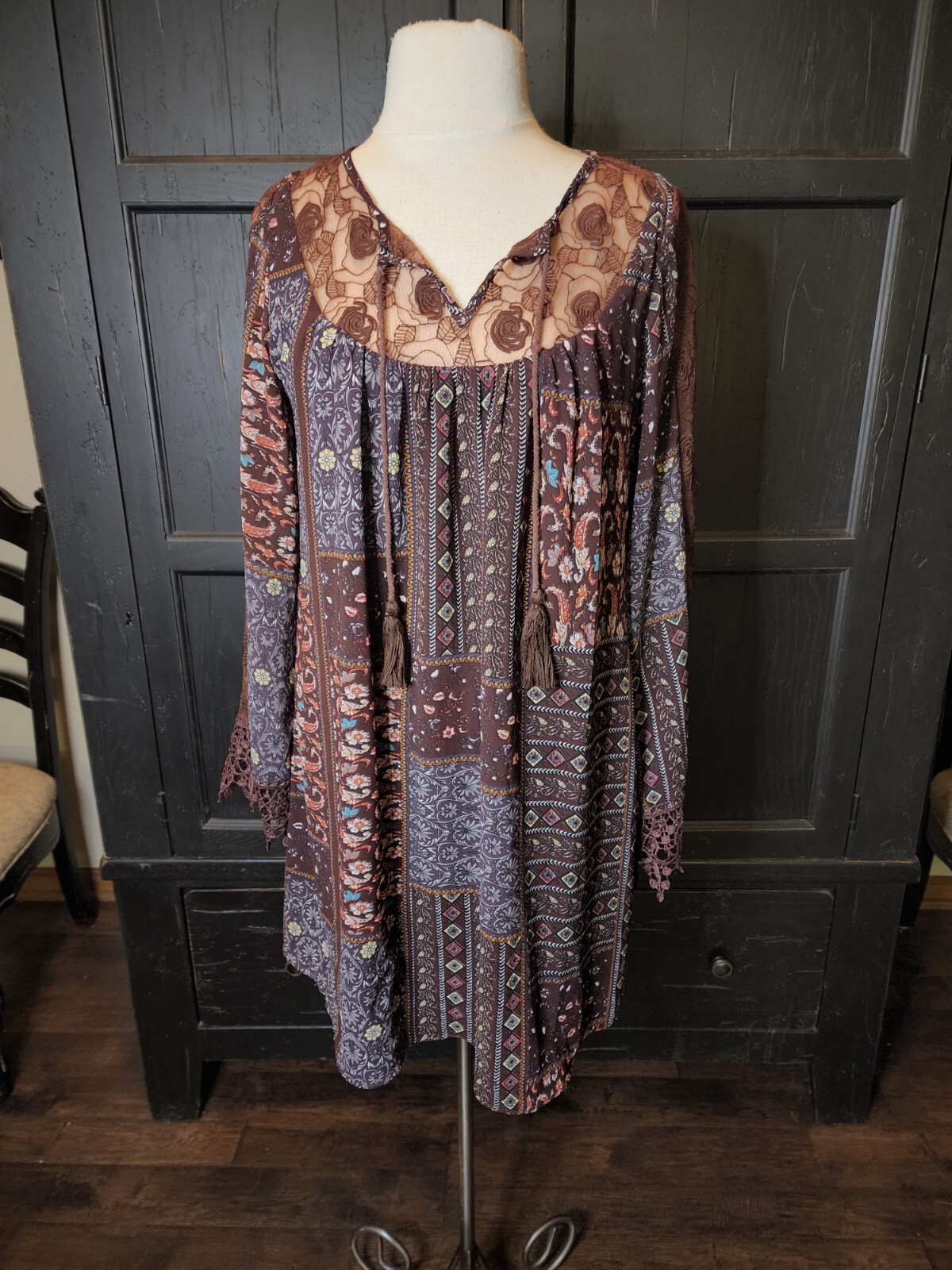 Bow + Arrow Boho Peasant Dress Brown Patchwork Sheer Lace Tassels Women’s S EUC