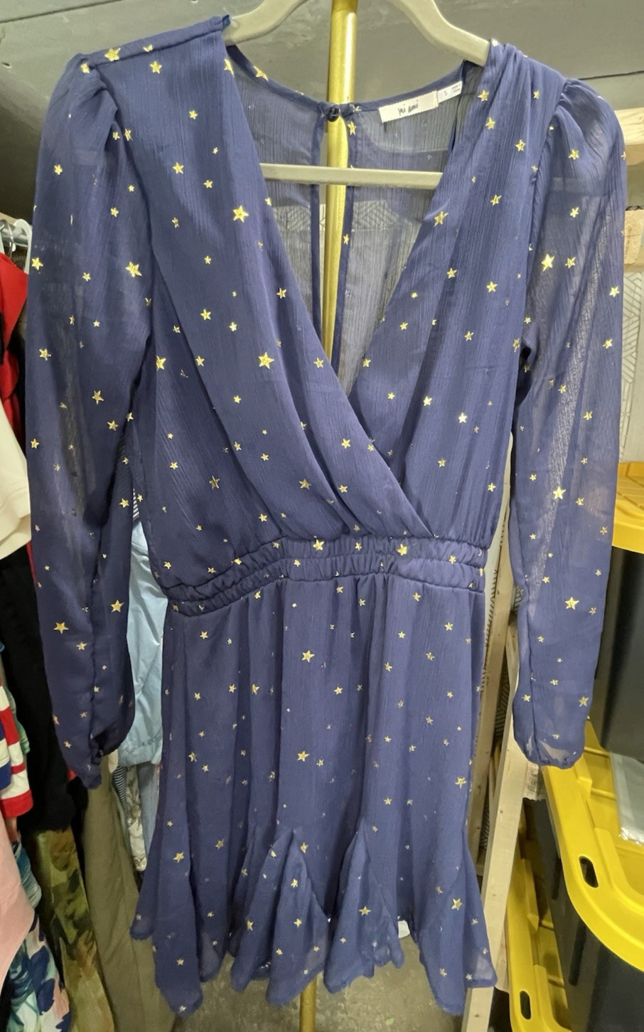 Mi Ami For Francesca Women’s Navy Metallic Gold Star Dress Size S Sheer Sleeves