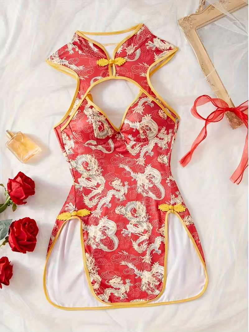 NEW Small Elegant Alluring Chinese Qipao Style. Brocade Fabric Bodycon Lingerie.