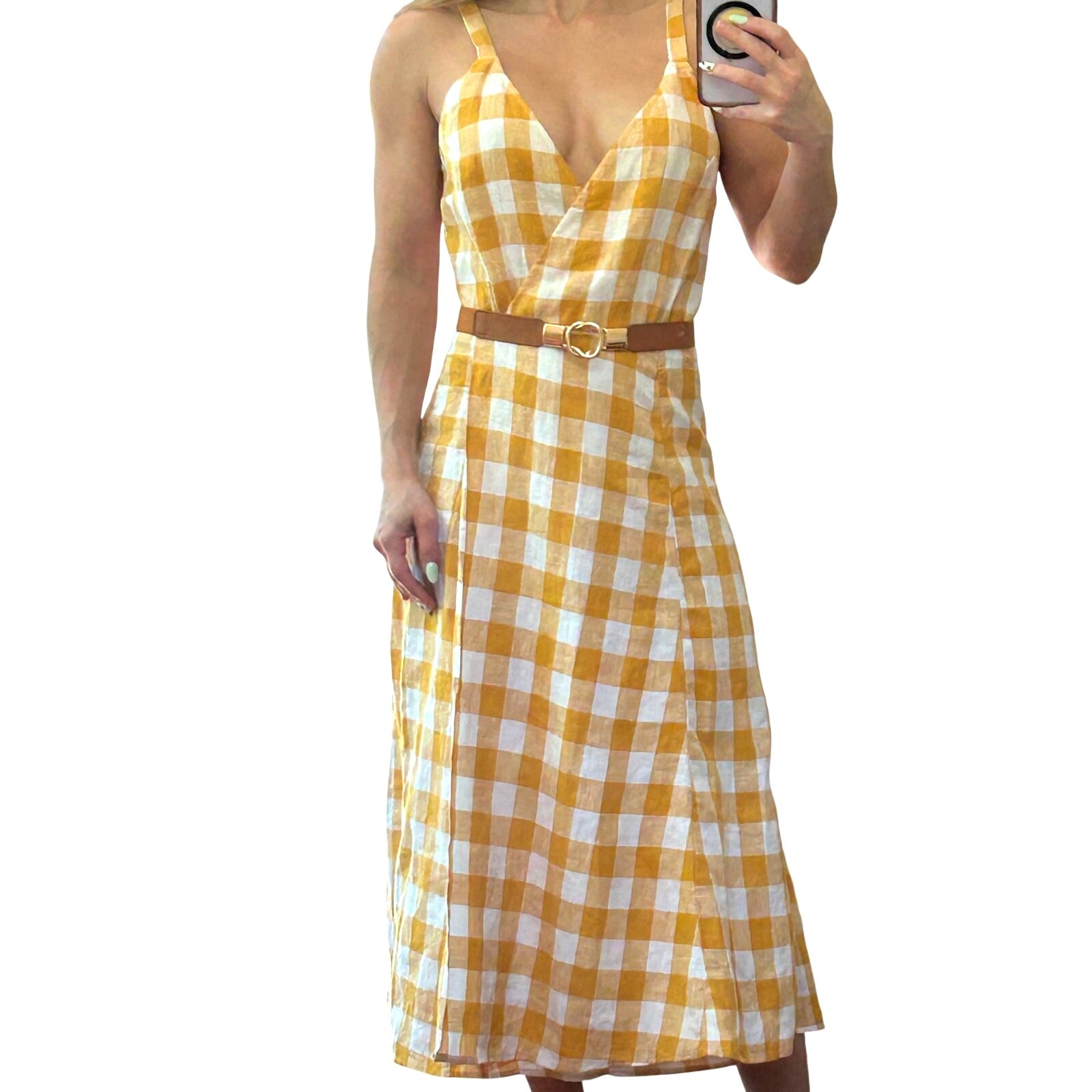 Reformation Beverly Juene Linen Wrap Mini Dress – Yellow Gingham Check Size S