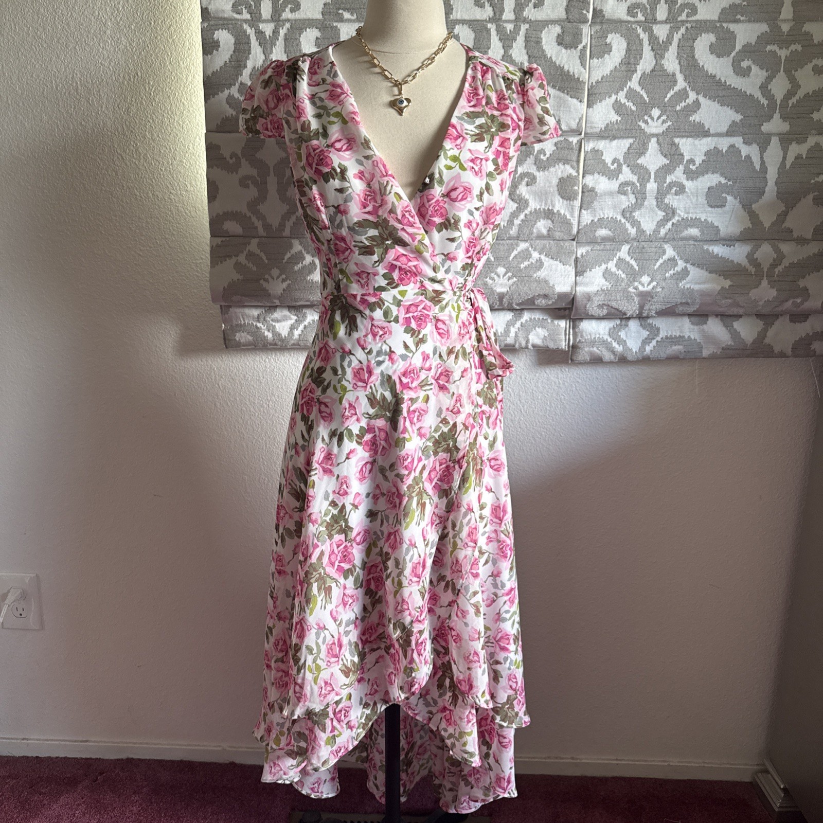 NW! Bestey Johnson Pink Rose Cap Sleeve Wrap Dress Romantic Cottagecore Sz 2
