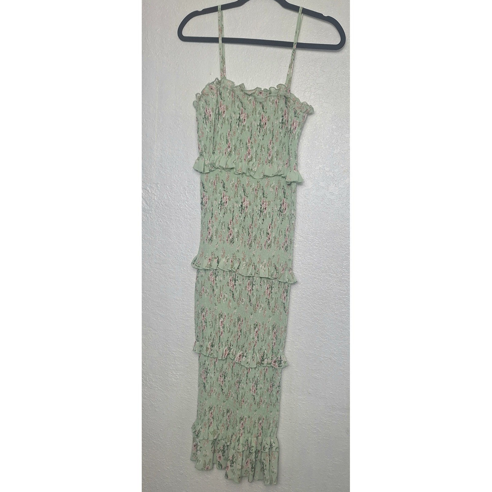 Mable Sage Green Floral Smocked Tiered Ruffle Midi Dress MD2291A Womens Size M