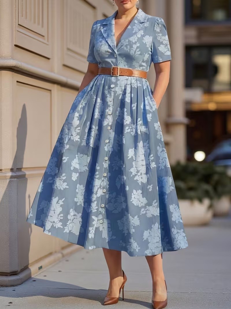 Light Blue Floral Collared Flared Dress with Pockets for Women Semi-Formal Occas