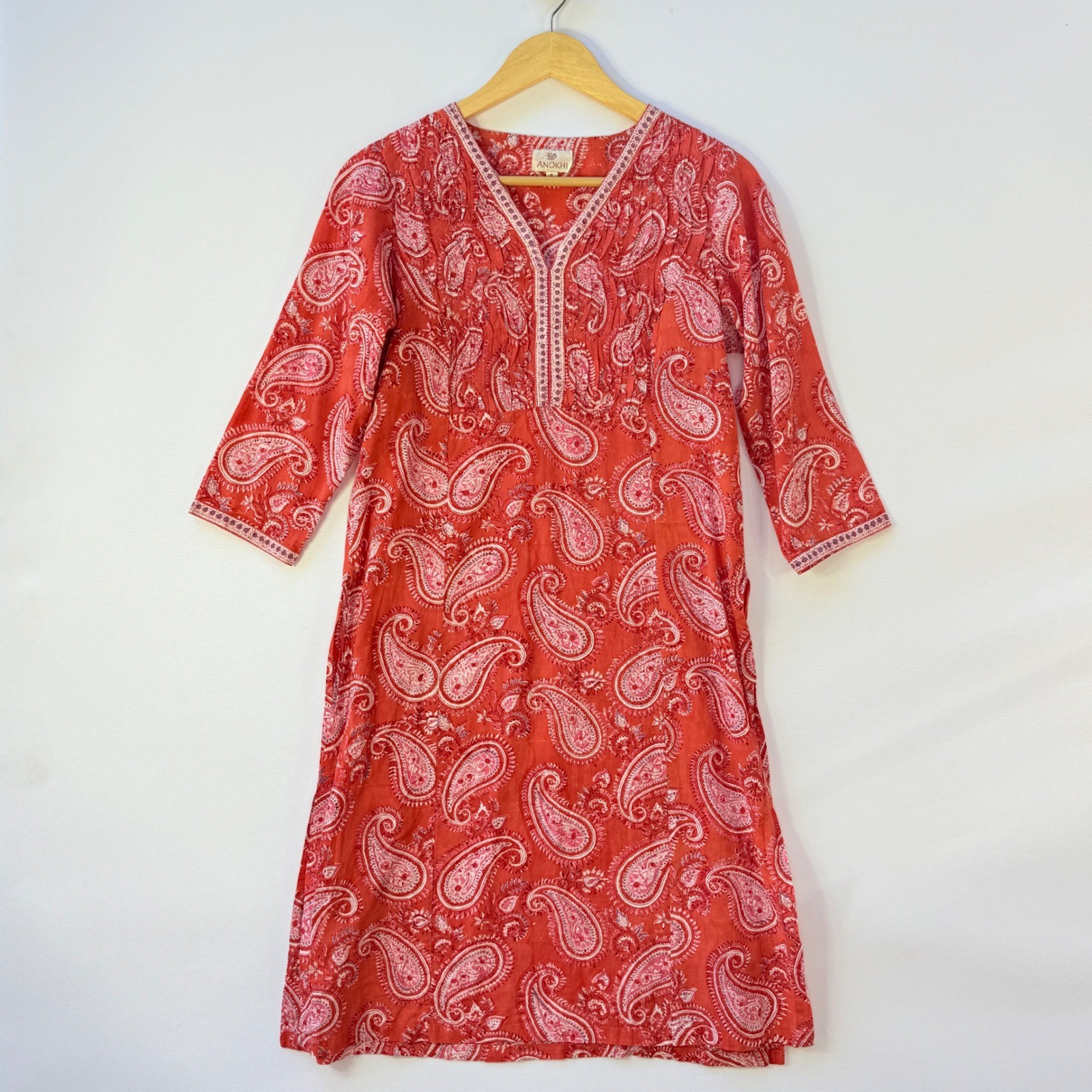 Anokhi Womens Small Paisley Print Red Kurta Dress 3/4 Sleeve Earthy Ethnic Folk