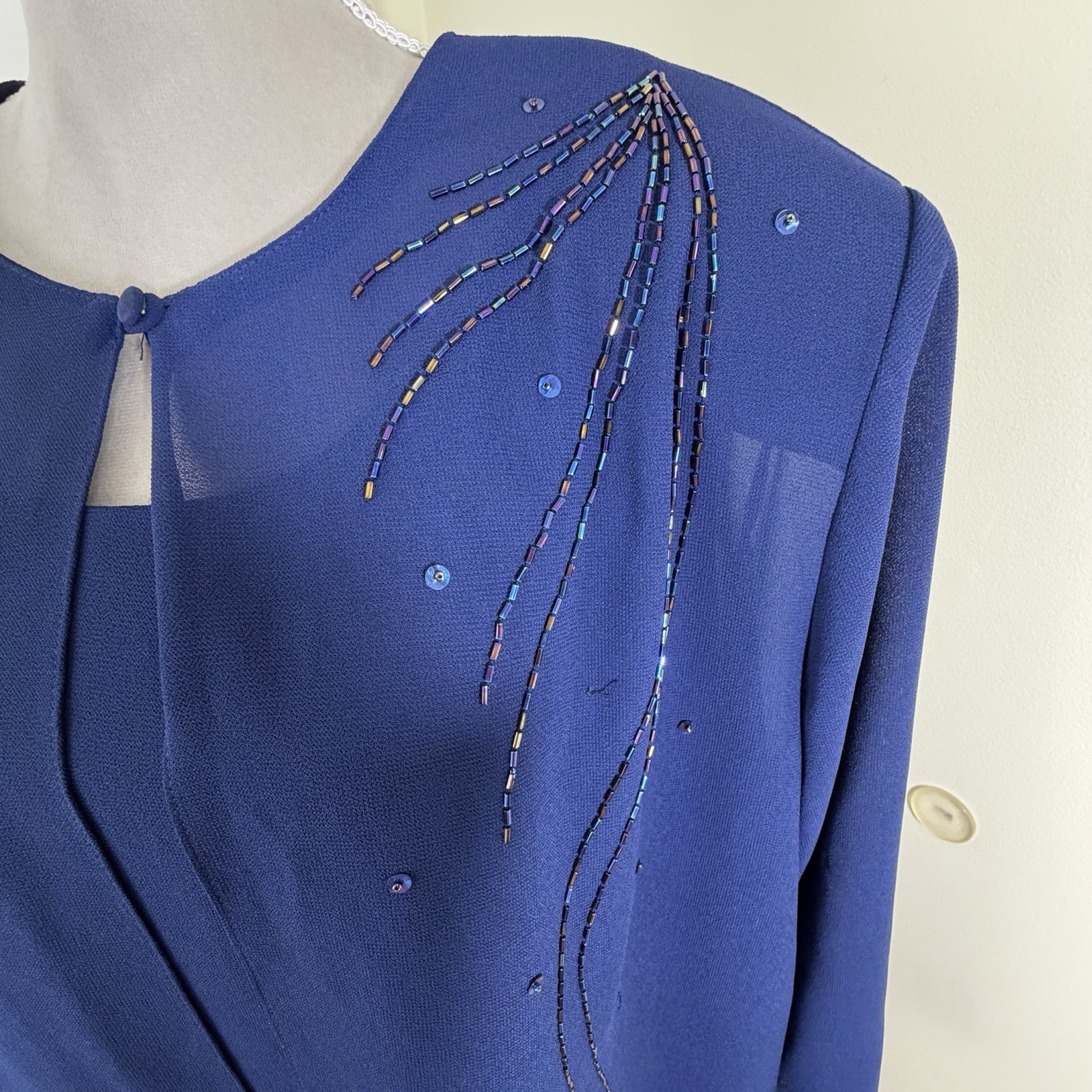 Patra 80s 90s Blue Chiffon Sleeveless Dress Jacket Set 24W Formal Bead Glam USA