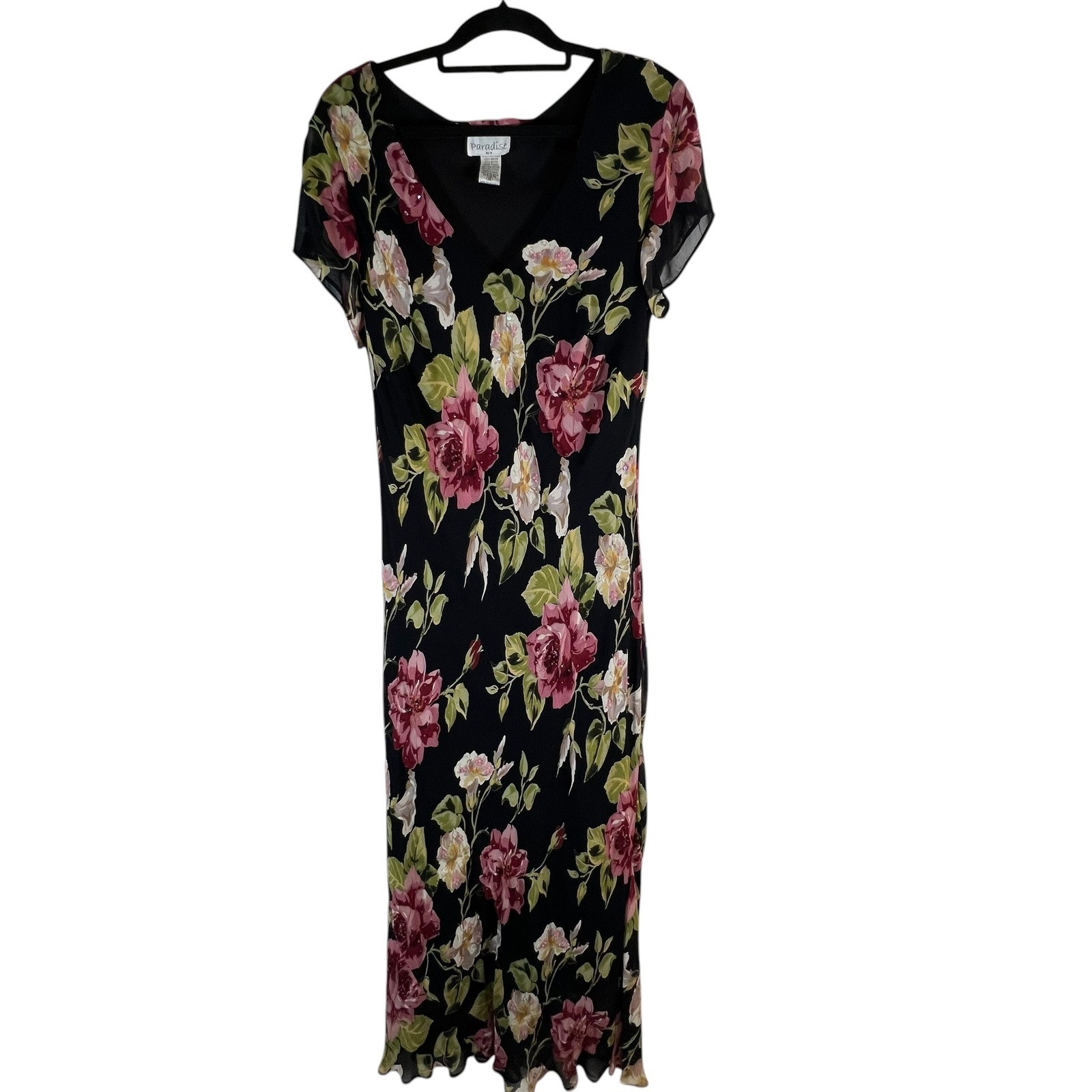 Paradise NY Floral Beaded Sequin Maxi Dress Black Pink V-Neck Vintage Style 16