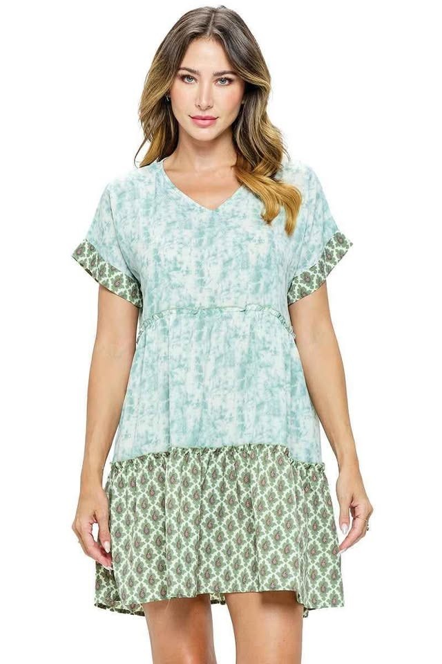 Tie Dye Print Oversize Green Short Dress Boho S/M or L/XL NWT