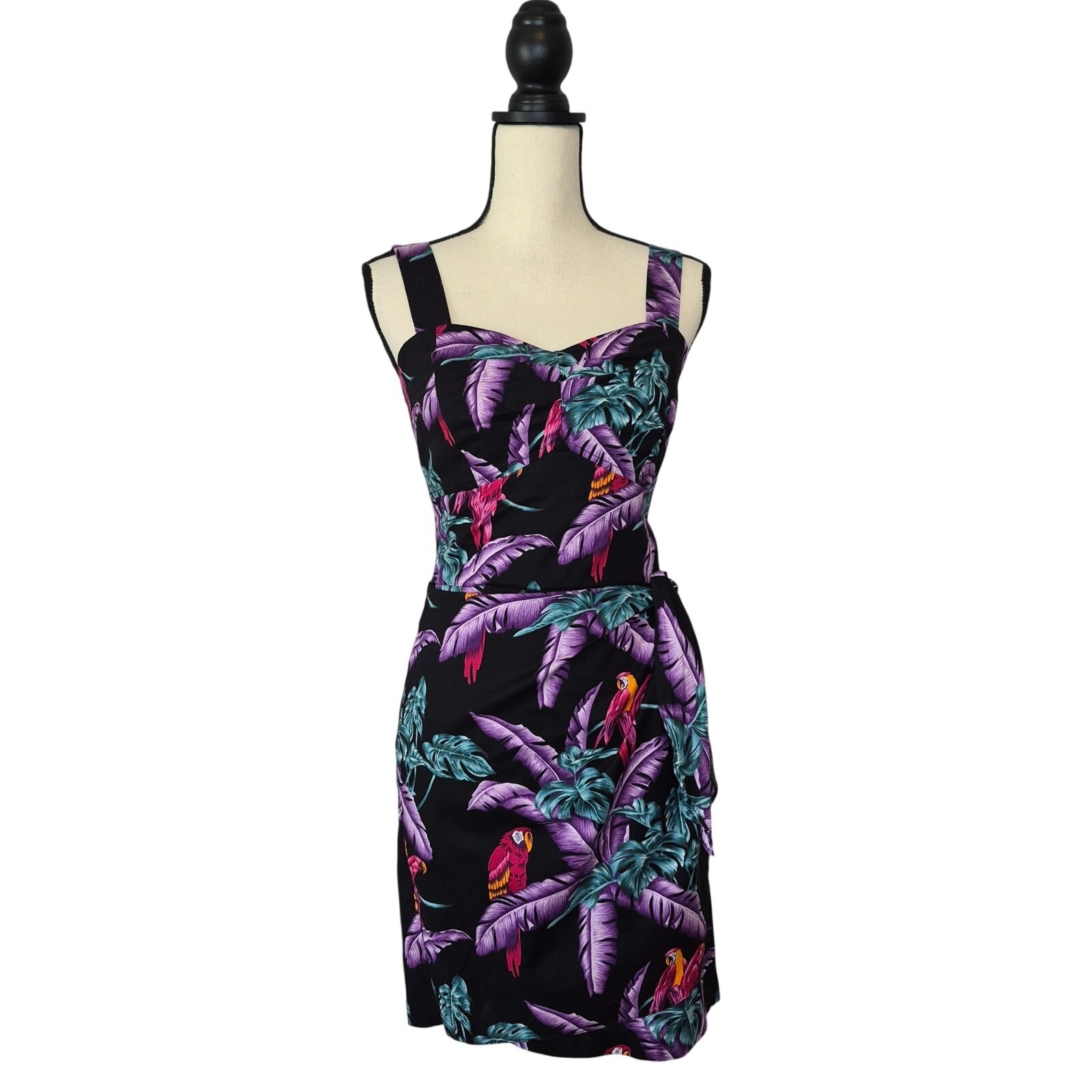 Paradise Found Vintage Jungle Bird Hawaiian Sarong Dress Cotton Parrot Mini Sz S