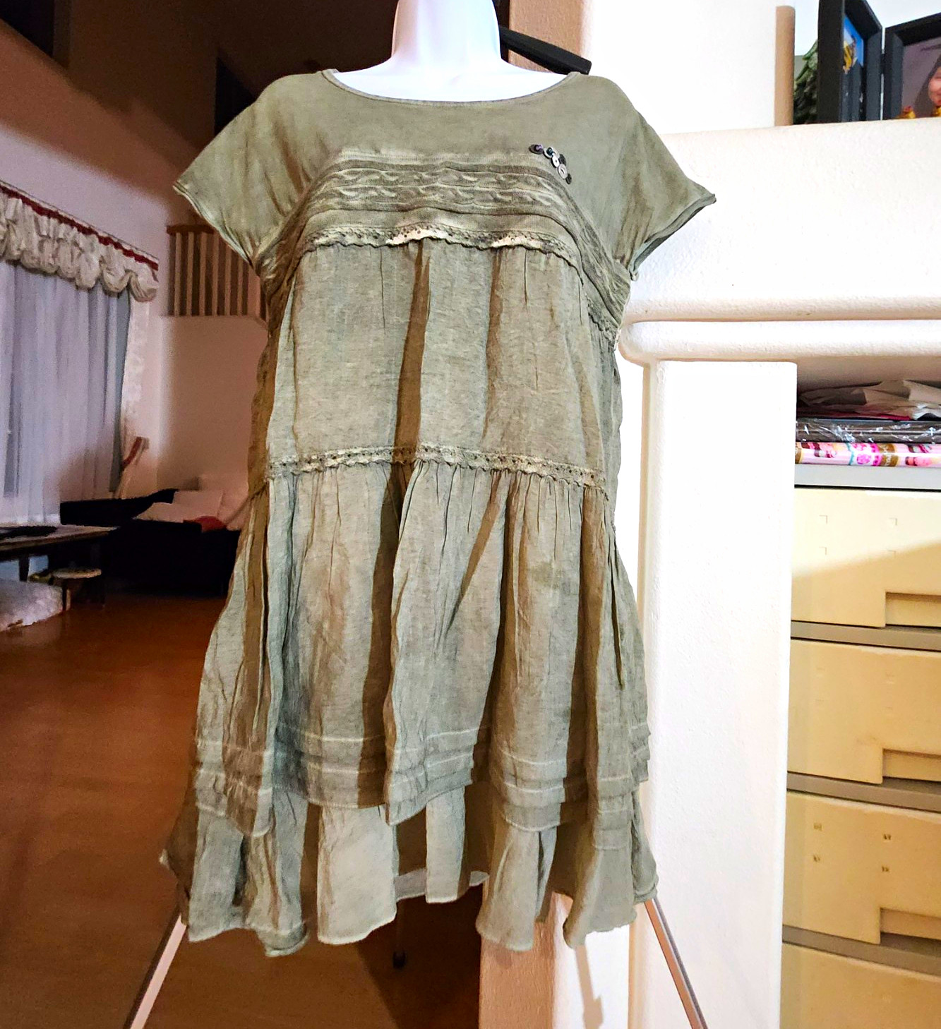 SANJIA Green Solid Tiered Dress Short Sleeve Round Neck One Size