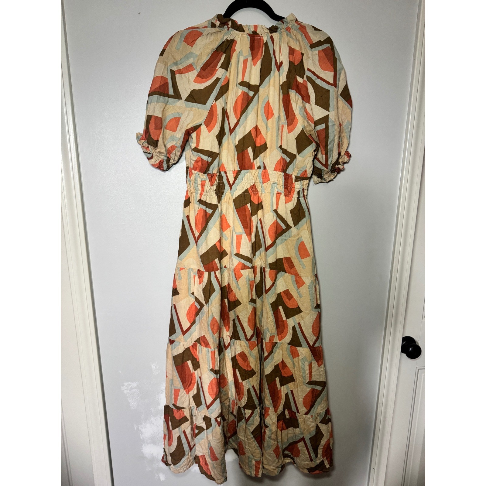 THML Geometric Abstract Print Tiered Midi Dress Smocked Waist Tassel V-Neck M