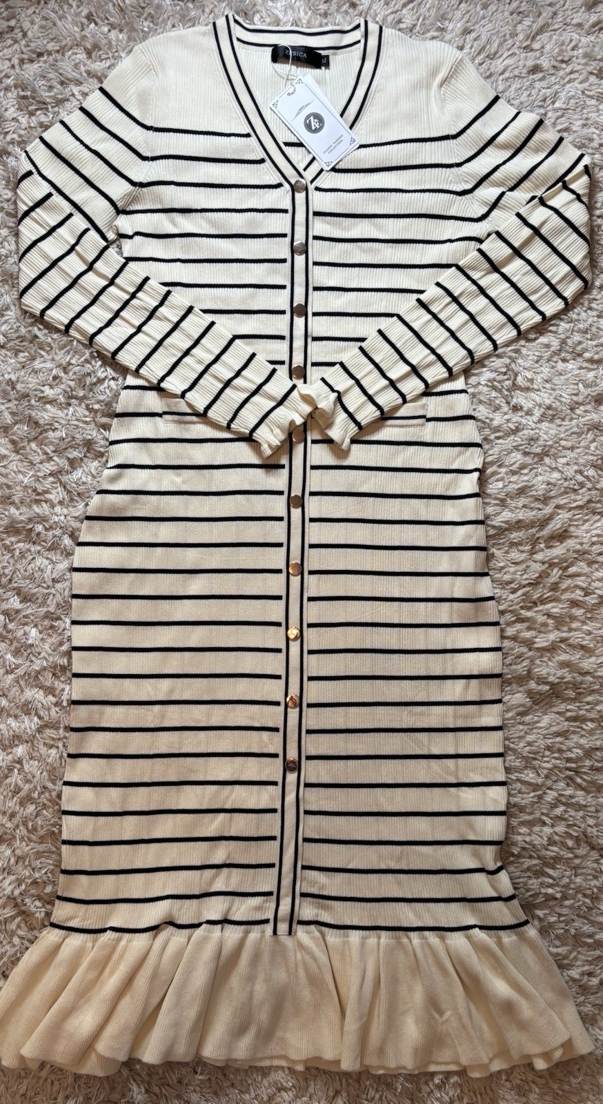 NWT Zesica Striped Faux Button Front Ribbed Sweater Dress Stretchy Cream & Black