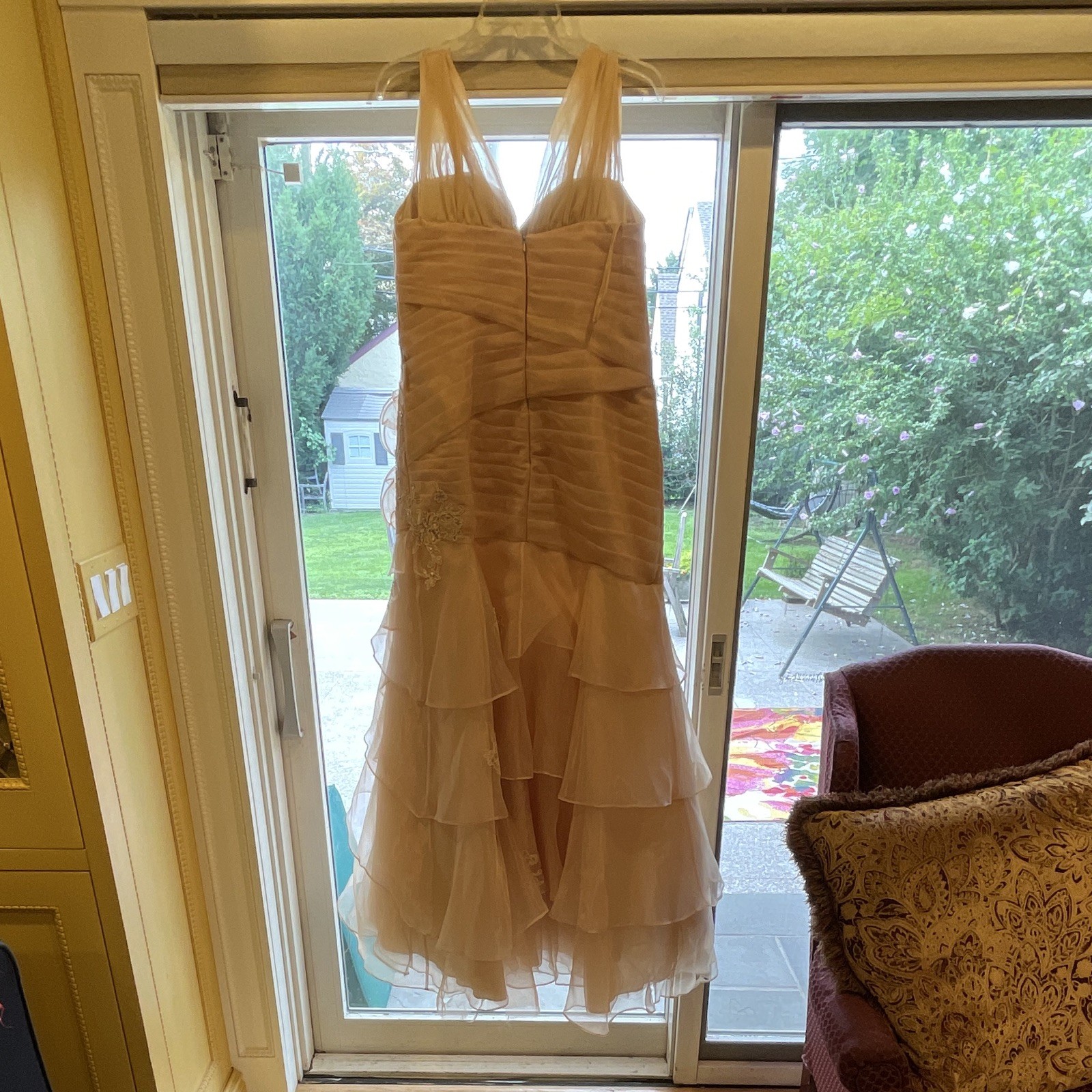 Jovani Champagne Long Formal Gown Sweetheart Ruched Beaded Ruffle Size 14