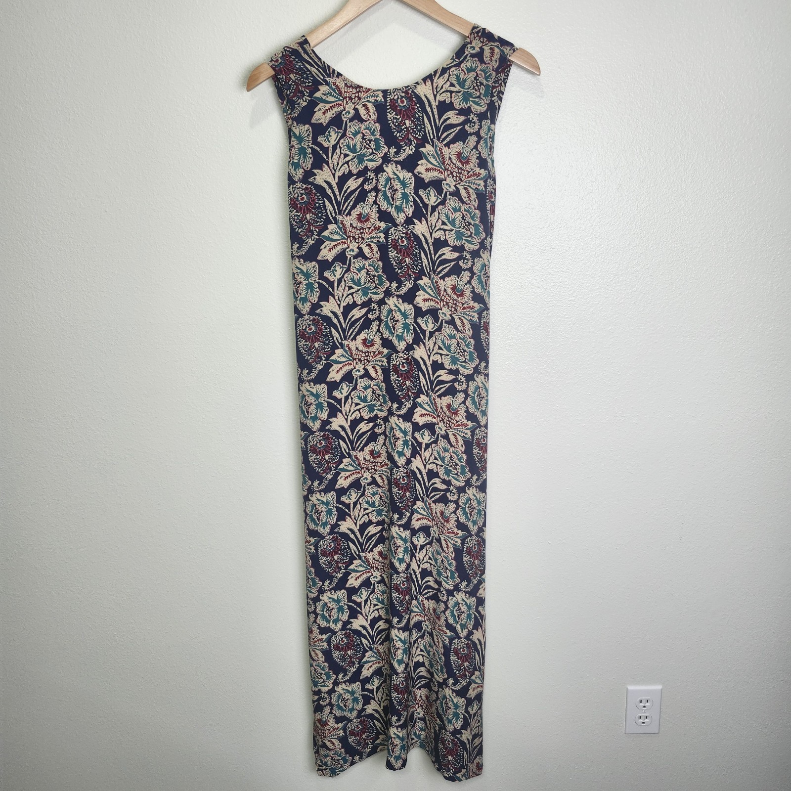 Vintage Moda International Silk Maxi Dress Size M Blue Floral Tie Back Side Slit