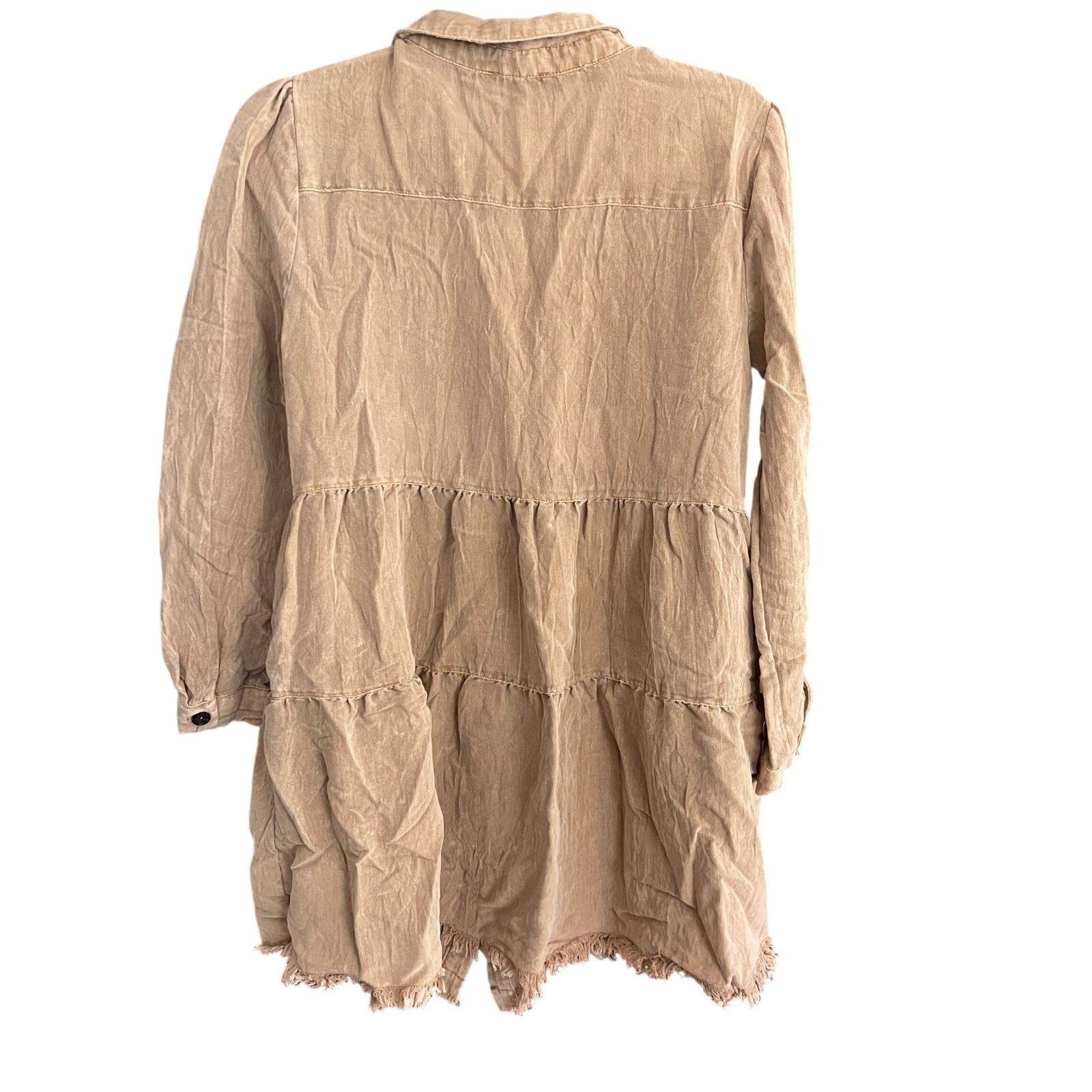 Umgee Tan Mineral Wash Western Boho Tiered Button Down Dress Raw Hem Small