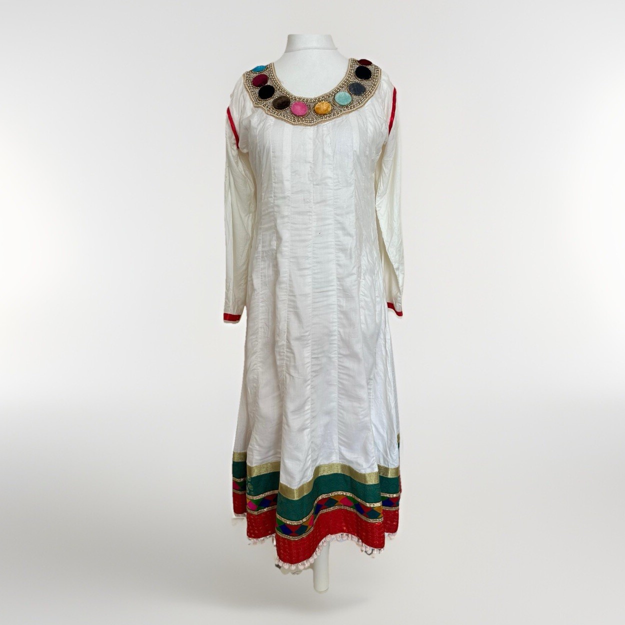 AFGHAN LADIES DRESS FOLK ASIAN OFF-WHITE VIBRANT HEM NECK WOMEN UK 12 S