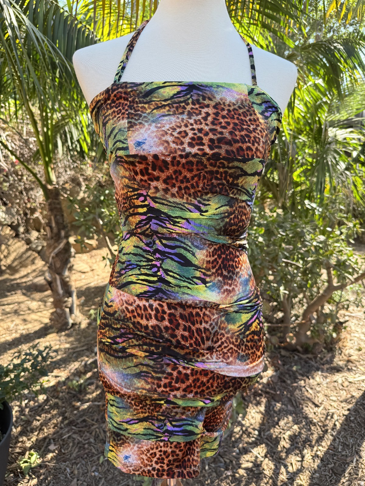 Forever 21 Y2K Rave Neon Ruched Animal Print Halter Bodycon Mini Dress Size S/P