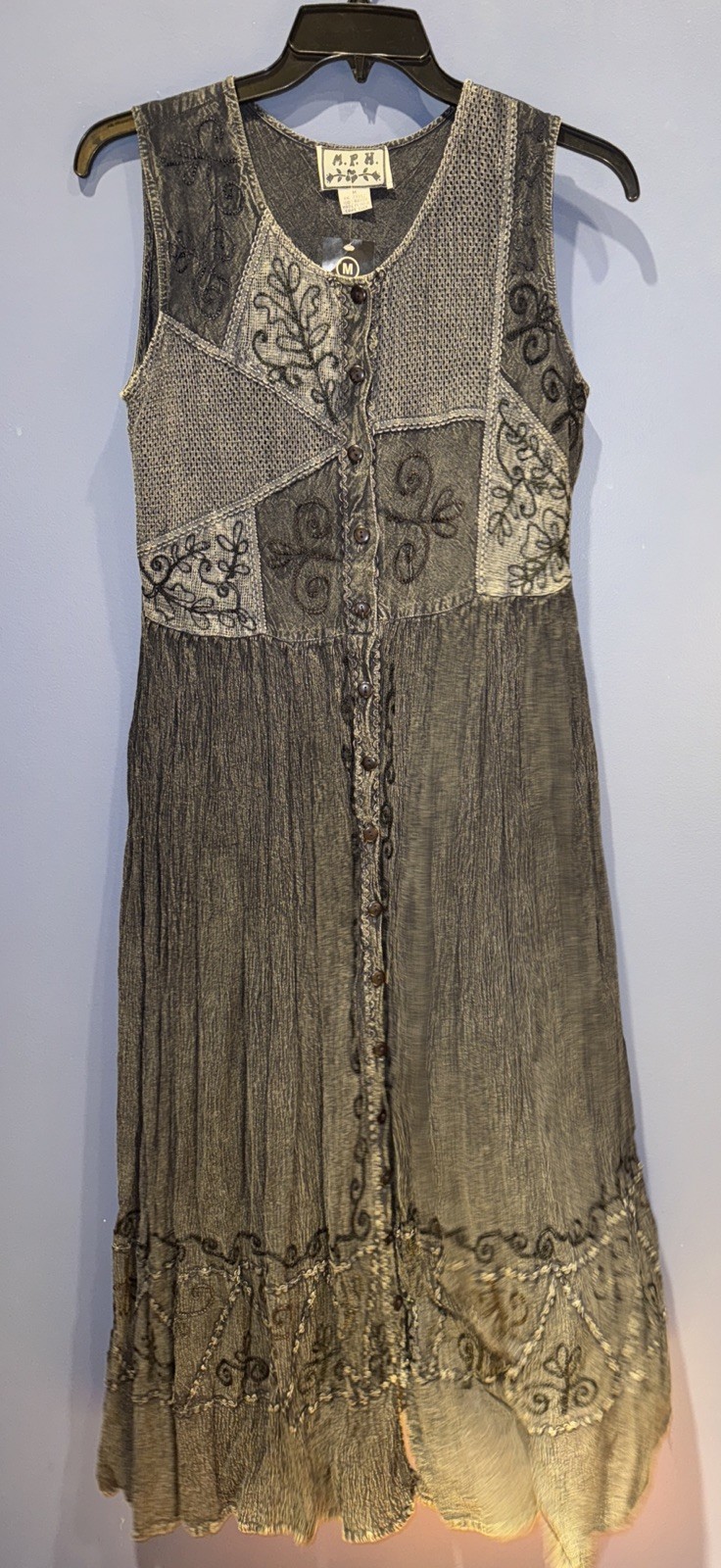 Womens Medium Sleeveless Boho Hippie Dress, Long, Crinkle Embroidered M.P.H 1995