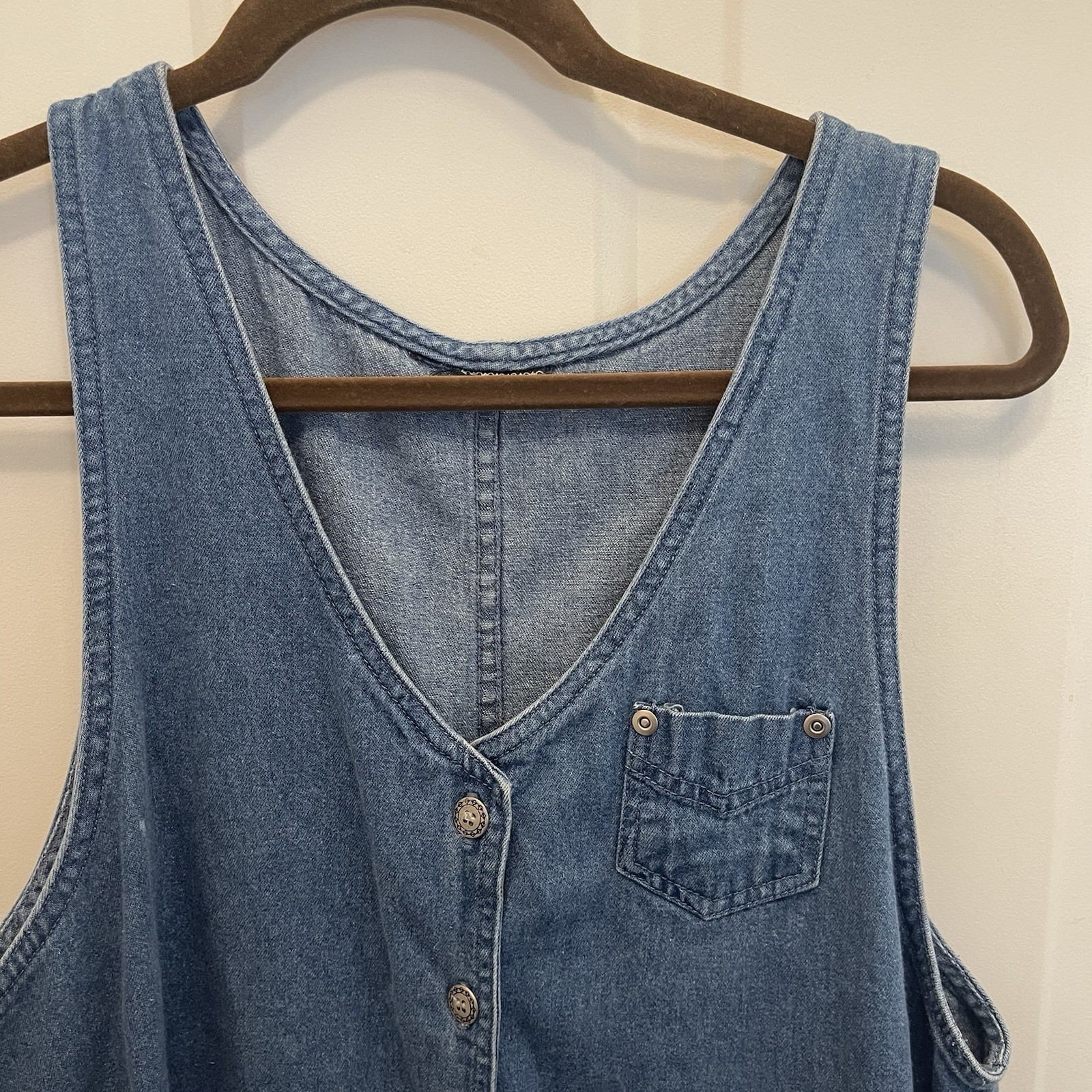 Vintage Denim Button Front Sleeveless Maxi Dress Jumper Blue Cottage Coastal