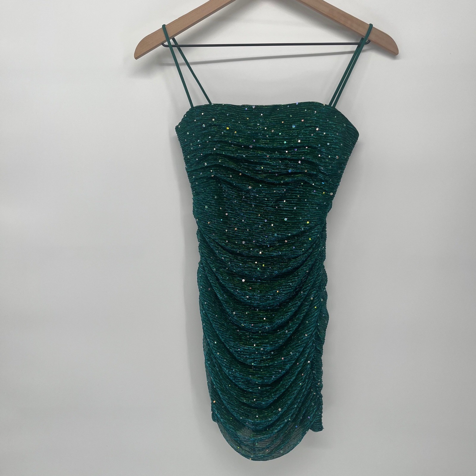 Lulus Mini Dress Womens 2 Green Ruched Rhinestone Glitter Party Bodycon