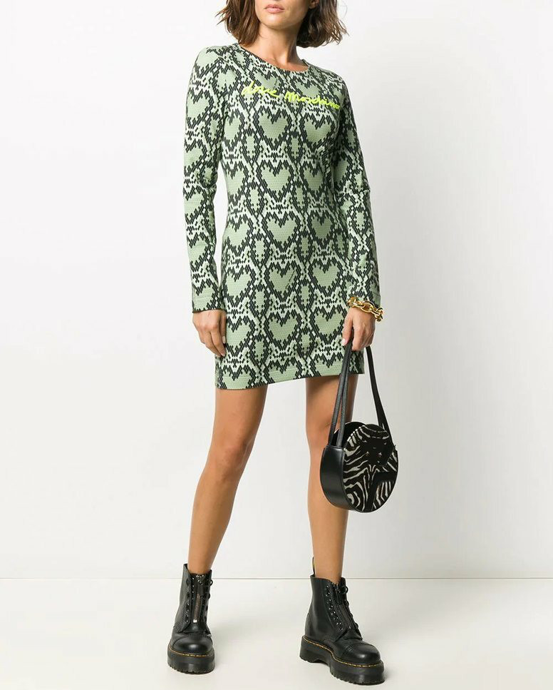 LOVE MOSCHINO Size 48 Size 12 Womens Dress Python Heart Print Logo Long Sleeve