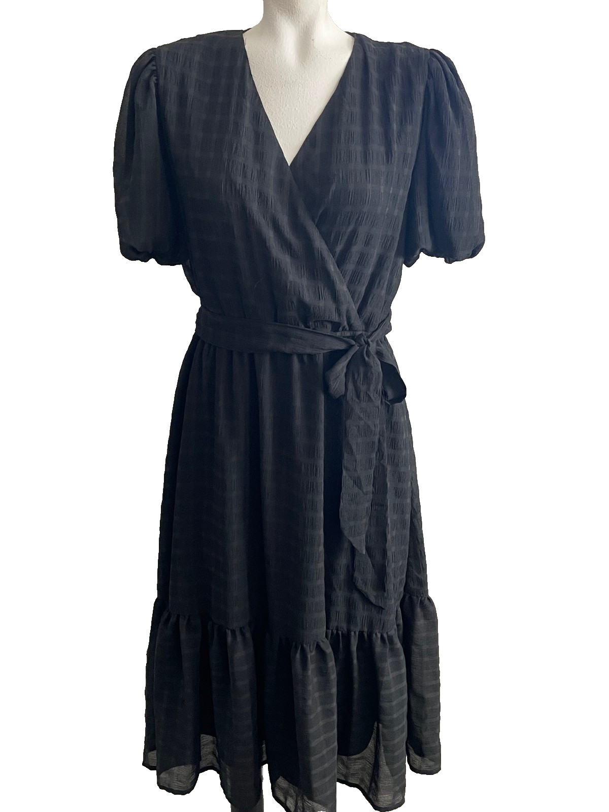 DM Fashion Black Faux Wrap Midi Dress Short Sleeves Ruffled Hem Women’s SZ M