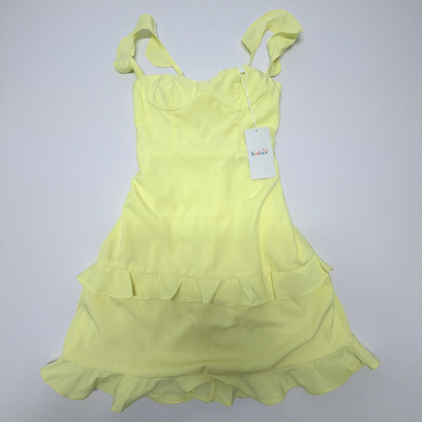 Kidsor Yellow Ruffle Strap Tiered Mini Dress Lace Up Corset Back Sleeveless
