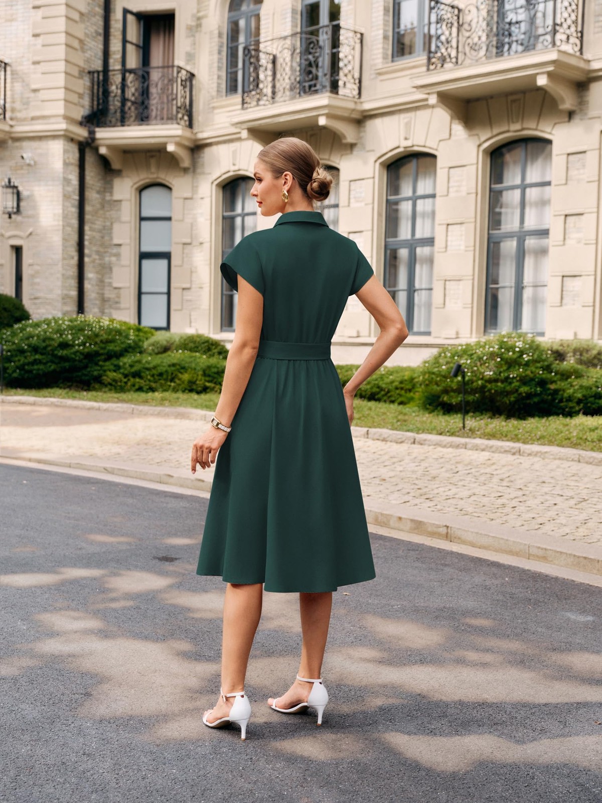 Womens Work Business Casual Midi Shirt Dresses Dark Green 2XL