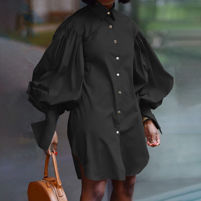 Womens Elegant Shirt Dress Puff Sleeve Formal Tunic Dress Solid Short Dress Plus