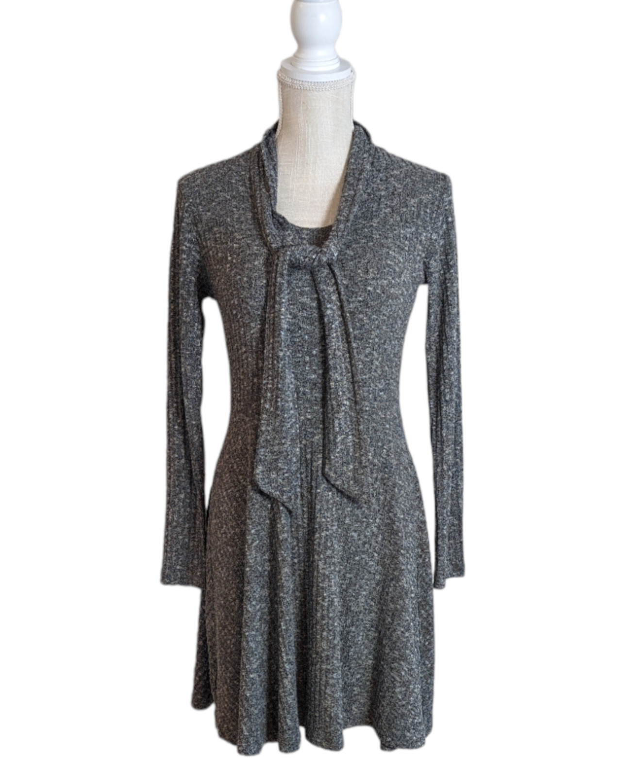 Womens Gray Marled Ribbed Fit n Flare Stretch A-line Dress Sz M w/ Scarf