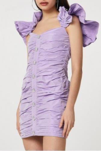 River Island Dress Ruched Ruffle Sleeve Purple Womens Sz UK 14 US 10 NEW NWT N75