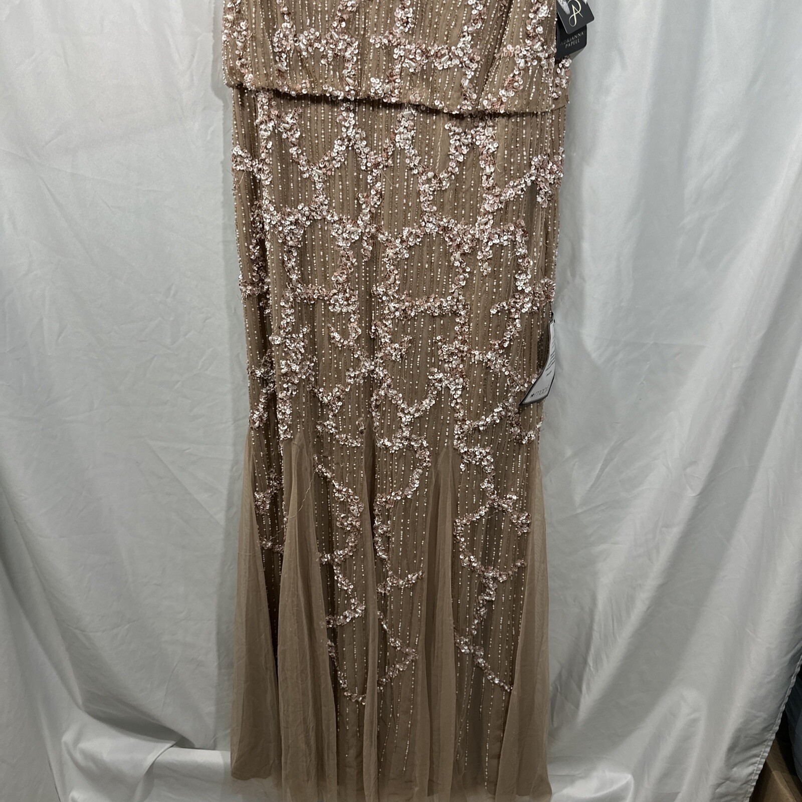 NWT $329 Adrianna Papell [ 14 ] Embellished Cowl-Back Gown in Champagne #G1167