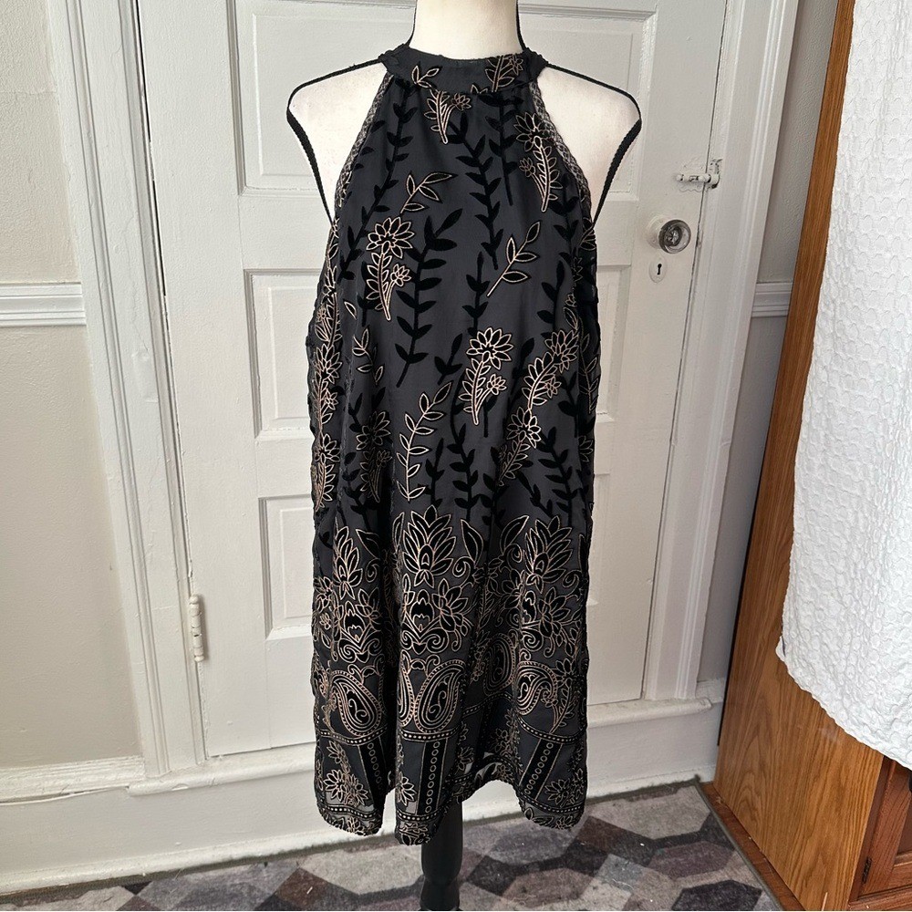 Lost + Wander Merci Gold & Black Velvet Floral Burnout Dress Halter Neckline M