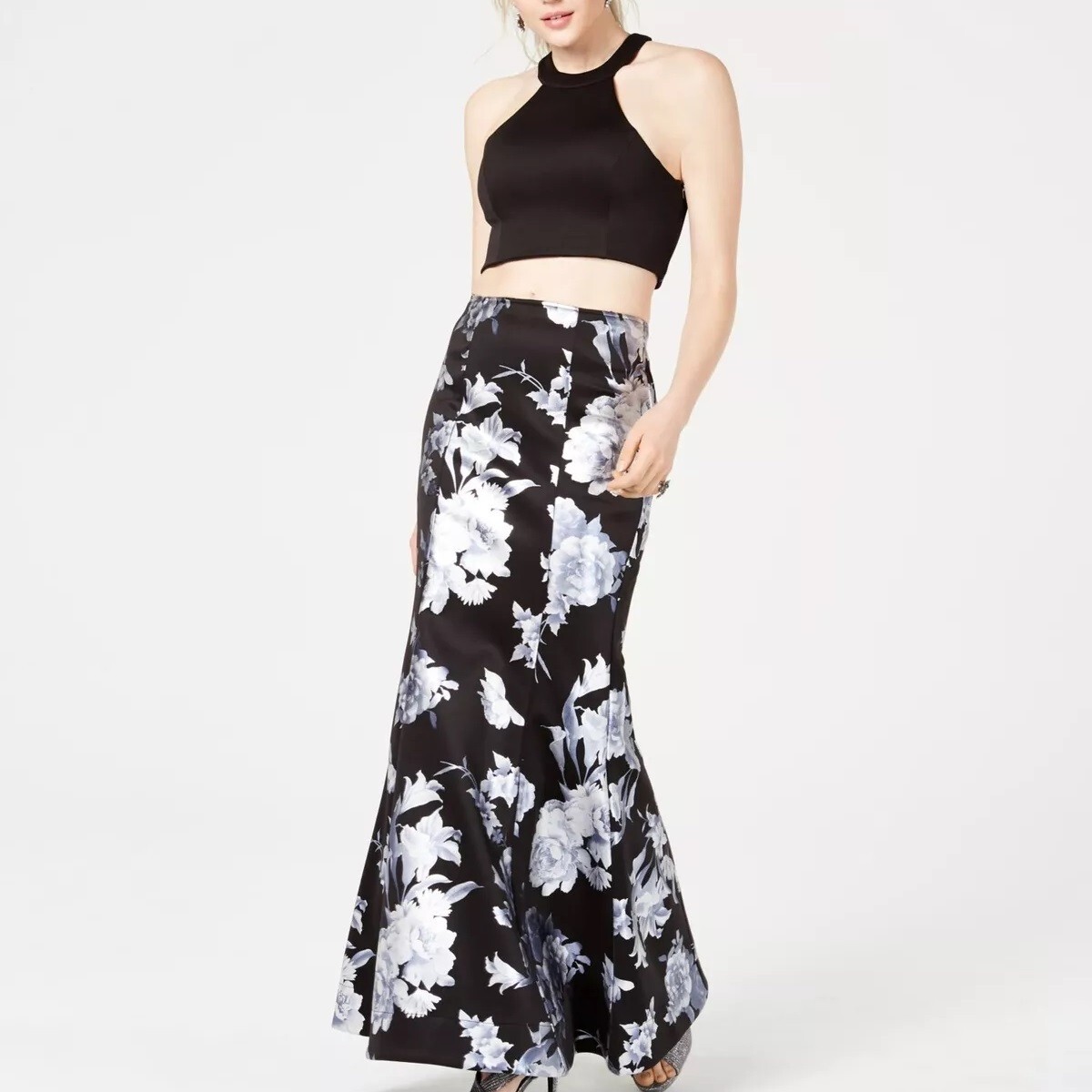 Sequin Hearts Junior Womens 5 Black Silver Floral 2 PieceDress NWT CD18