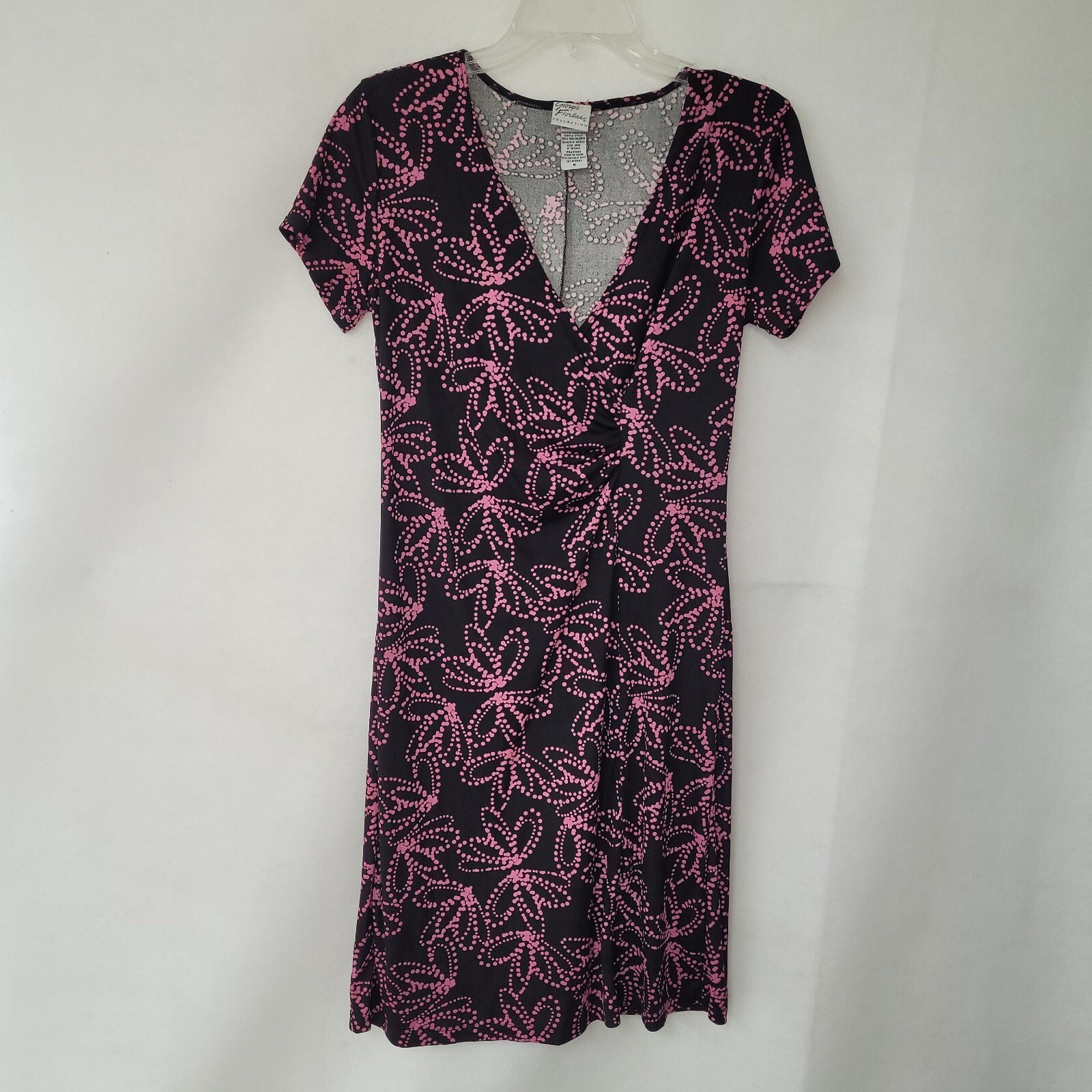 Giorgio Fiorlini Collection Dress S Black Pink Dot Print Wrap Style Knee Length