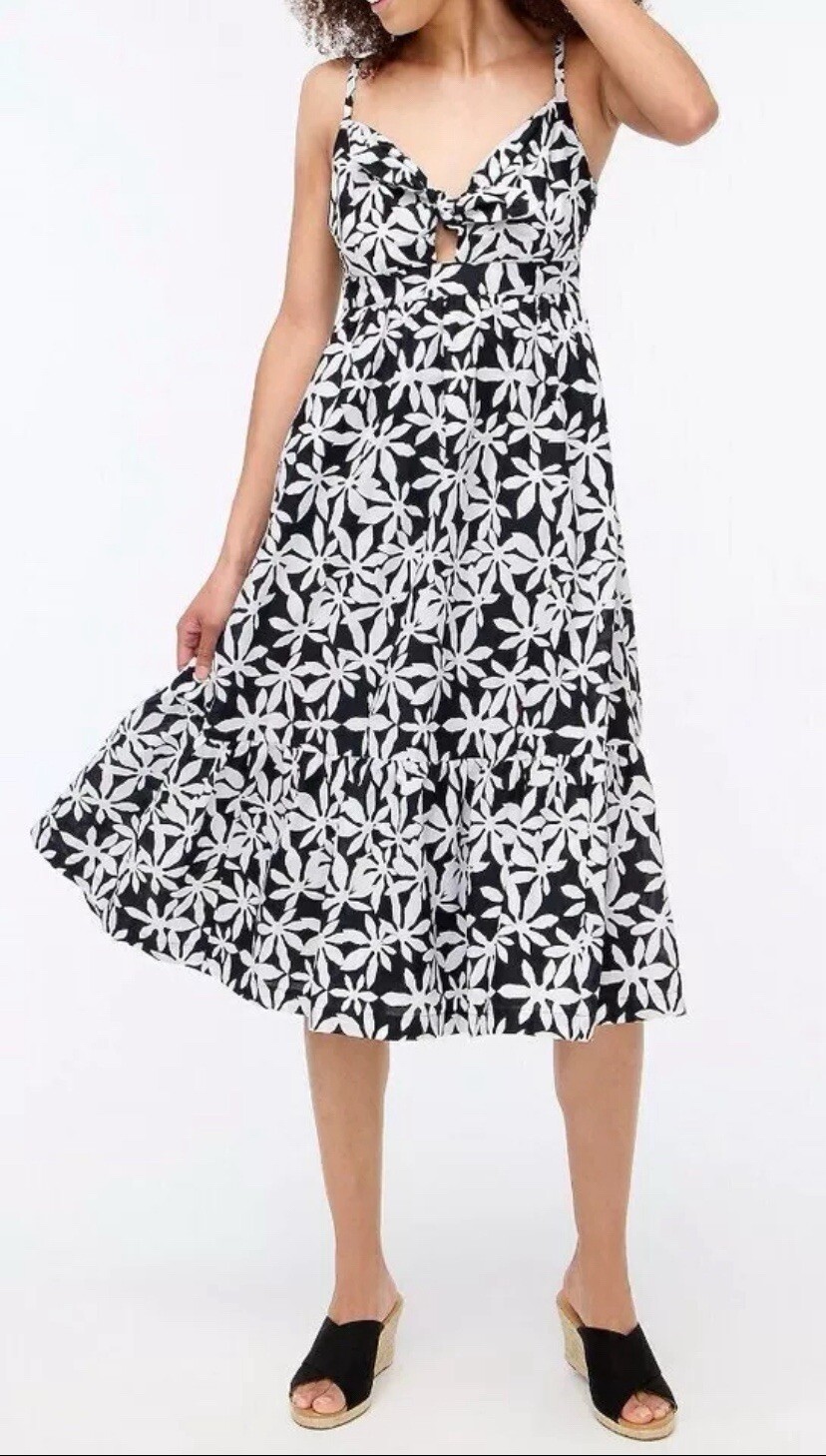 J CREW Black White Floral Tie Front Midi Dress Cut Out Keyhole Flounce NWT 0P