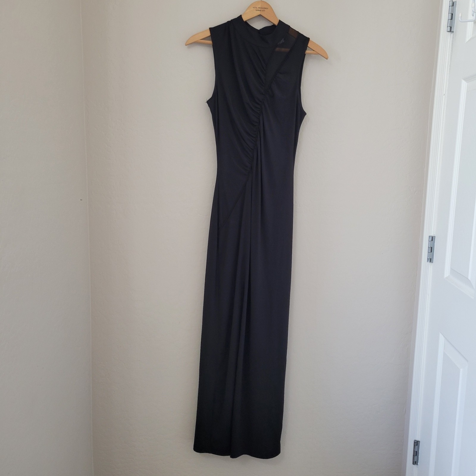 Venus Halter Bodycon Maxi Dress Sz Large Tall Ruched Front & Back w/ Slit Black
