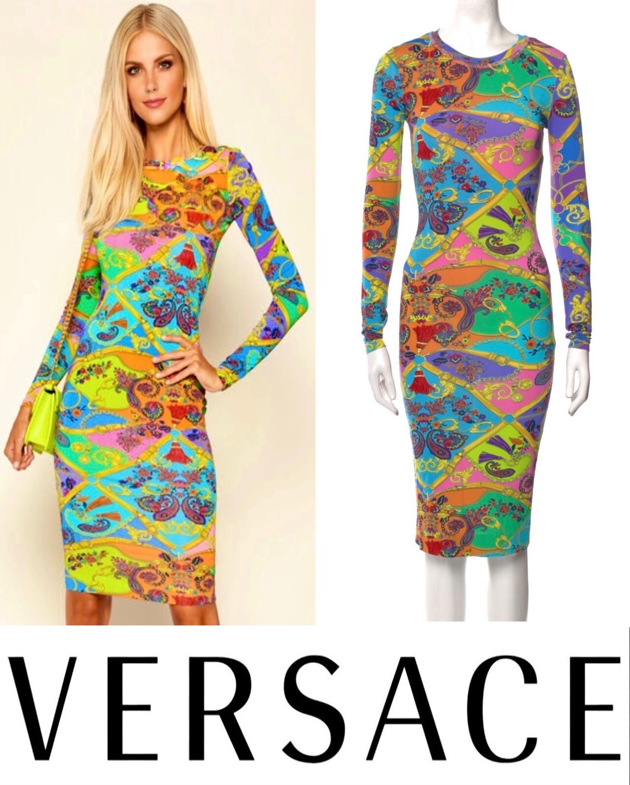 Versace Jeans Couture 2019 Blue Pink Medusa Sheath Dress 36 38 40 0 2 4 XS S
