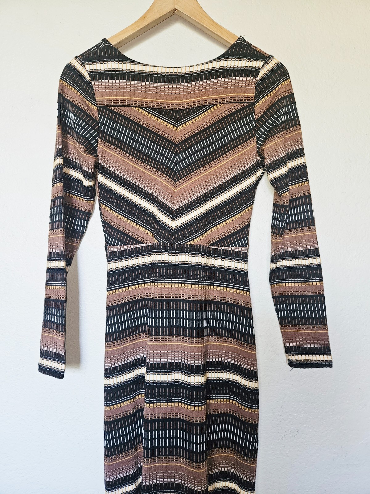 Maeve Striped Wrap Midi Dress XS Textured Brown Black Gold 70s Mod Anthropologie