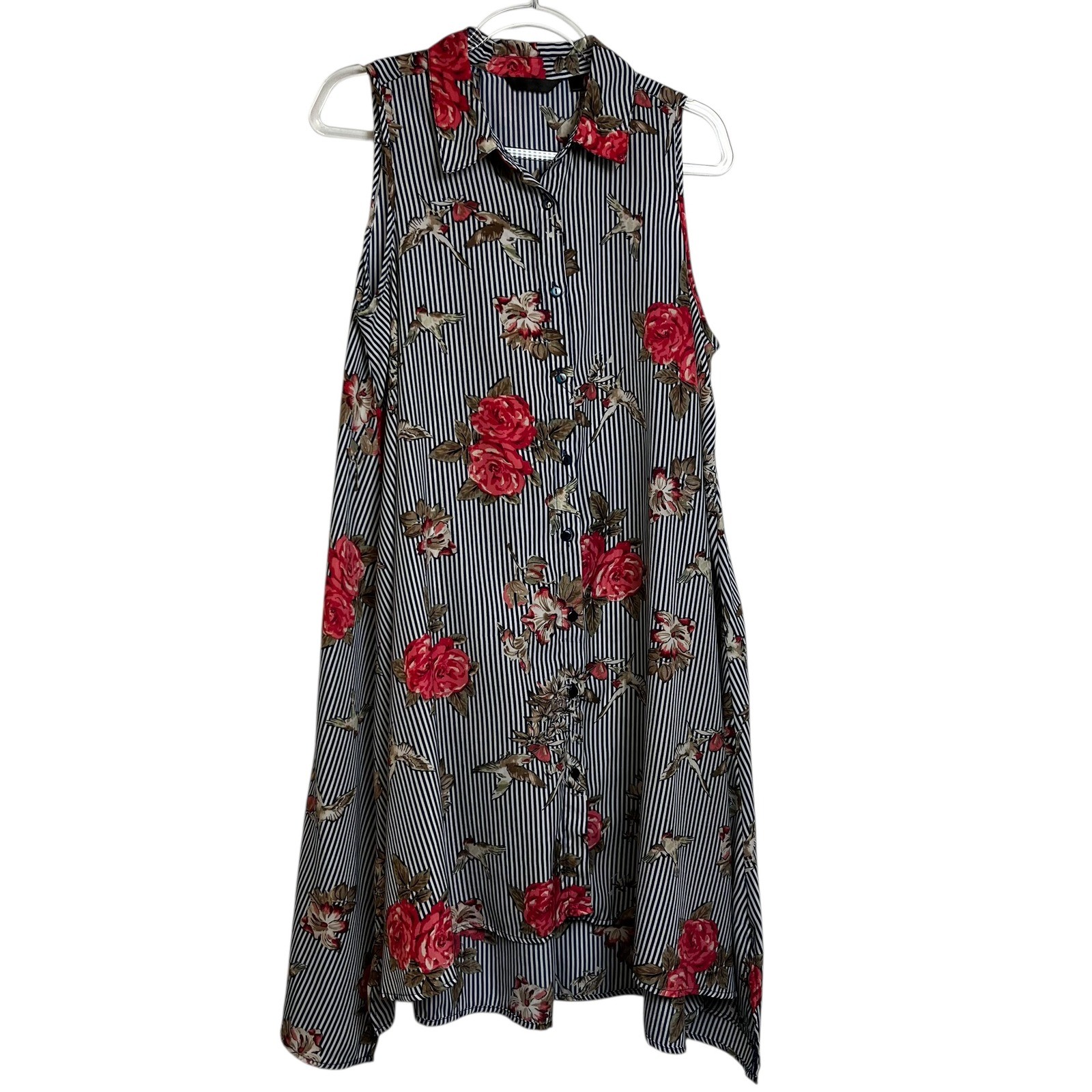 Navy Striped Floral Bird Print Sleeveless Midi Dress Red Roses Size L