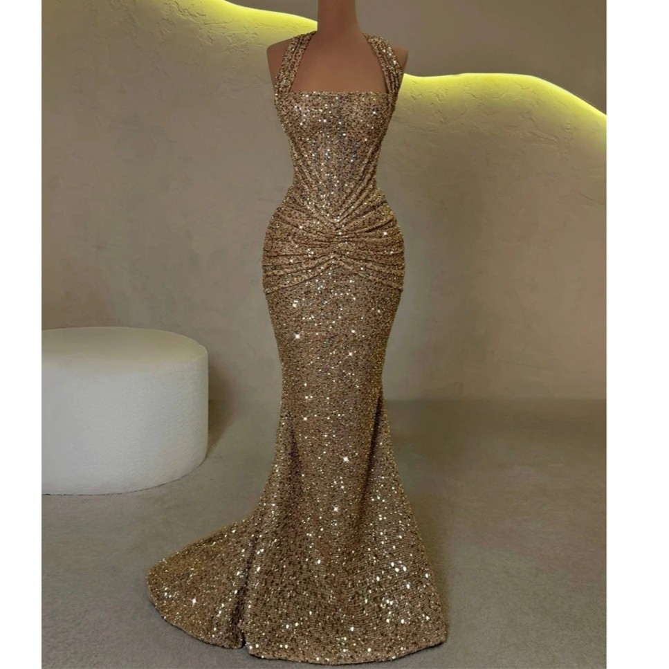 Mermaid Halter Neck Sequins Prom Dress Sleeveless Floor-Length Formal Evening